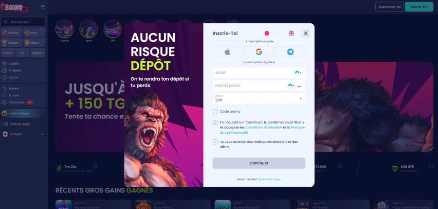 capture d'écran de l'étape 2 pour s'inscrire sur boomsbet
