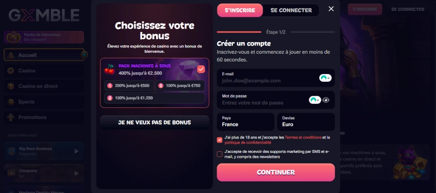 capture d'écran inscription étape 2 gxmble casino