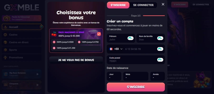capture d'écran inscription étape 3 gxmble casino