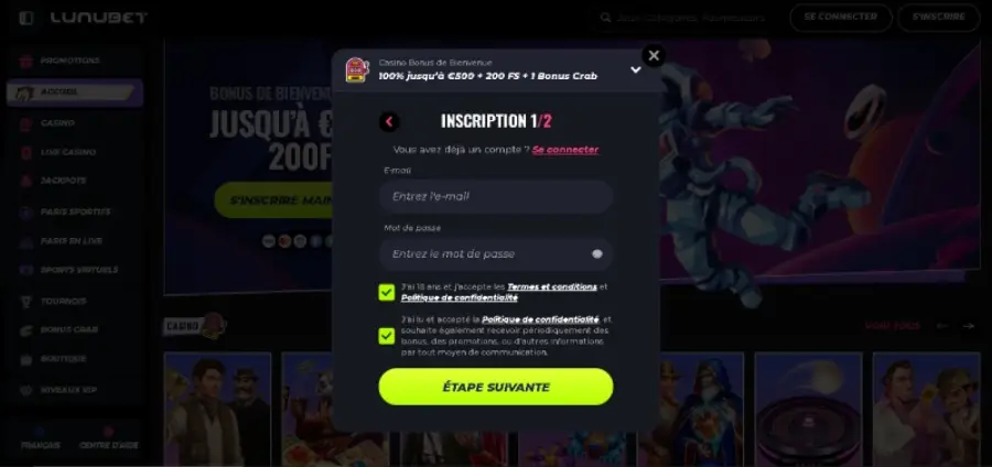 Création des identifiants sur Lunubet