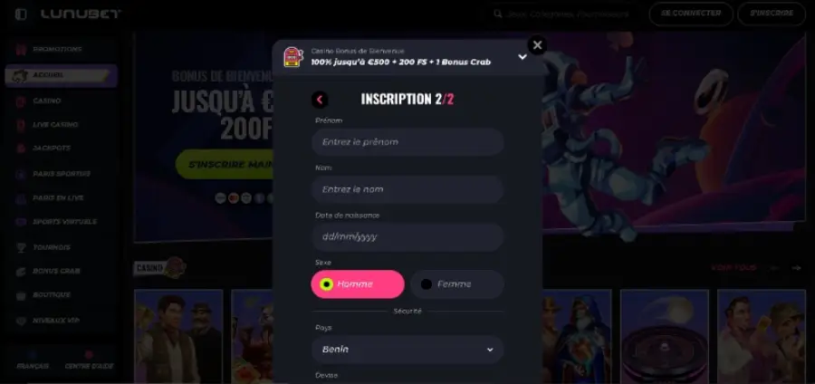 Formulaire d'inscription Lunubet