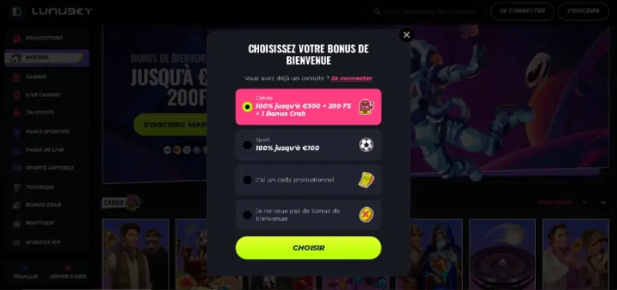 Choix du bonus de bienvenue sur Lunubet
