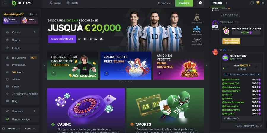 Écran d'accueil de BC Games