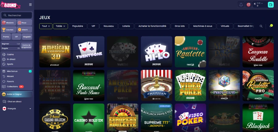 capture d'écran des jeux de table sur boomsbet
