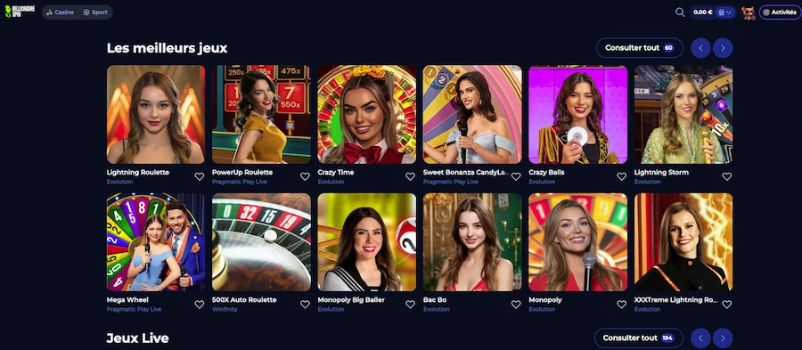 jeux en direct sur Billionnaire Spin