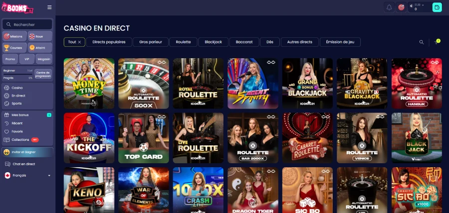 capture d'écran des jeux en direct sur boomsbet