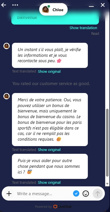 échange avec le service client de boomsbet
