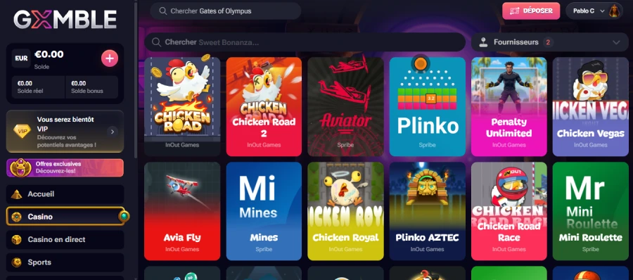 capture d'écran des mini jeux sur gxmble casino