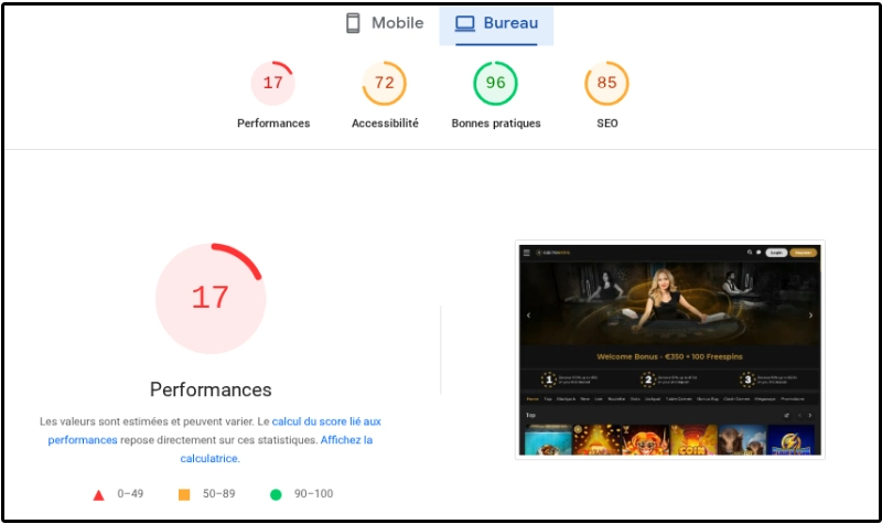 capture d'écran performance bureau Casino Extra