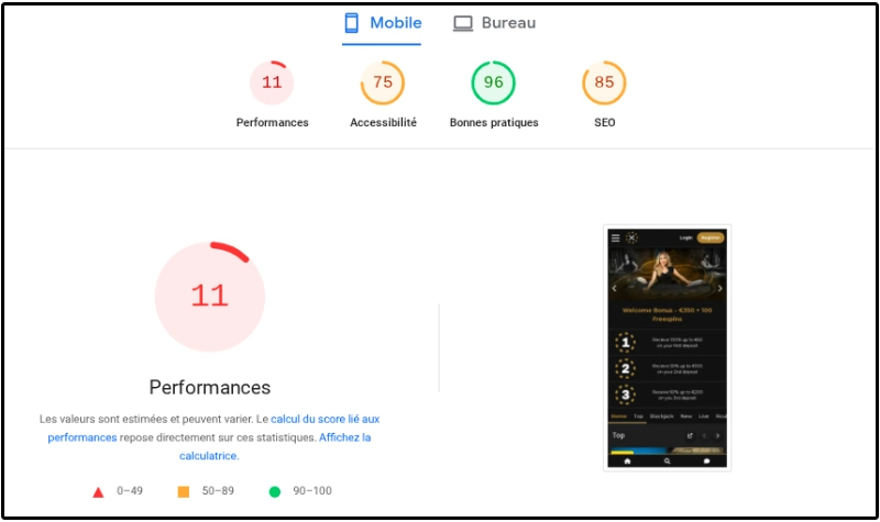 capture d'écran performance mobile Casino Extra
