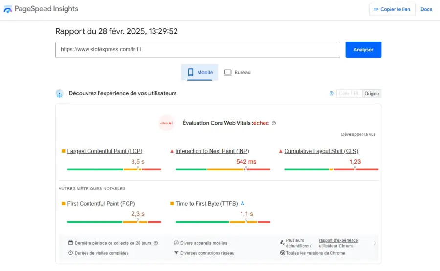 Capture d'écran des performances de SlotExpress