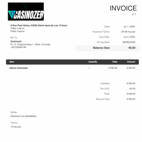 preuve de paiement casinozer
