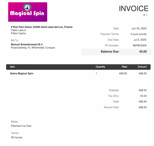 facture de retrait Magical Spin