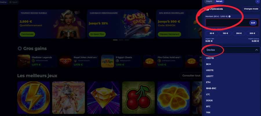 retrait sur Billionnaire Spin étape 2