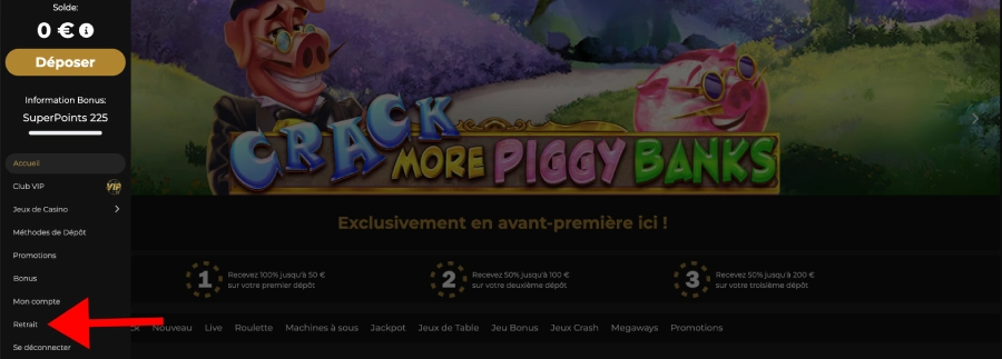 Capture d'écran retrait étape 1 Casino Extra
