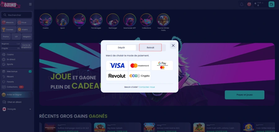 étape 1 pour faire un retrait sur boomsbet