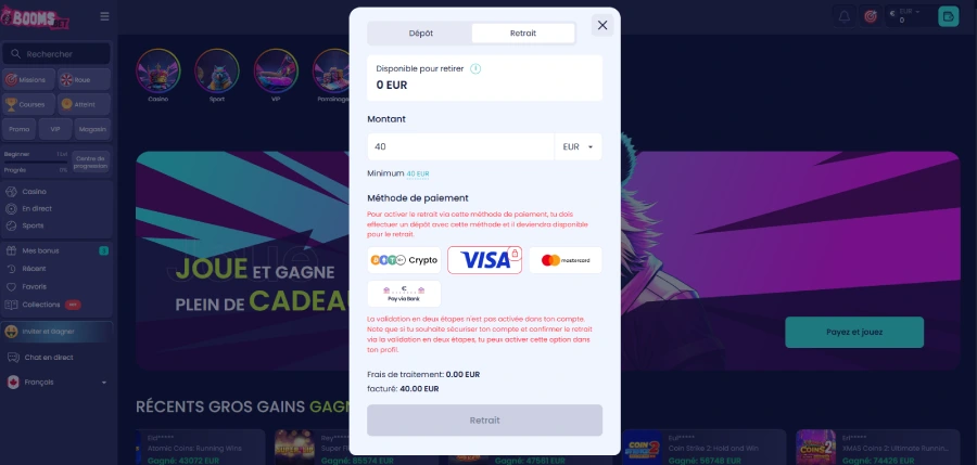 étape 2 pour faire un retrait sur boomsbet