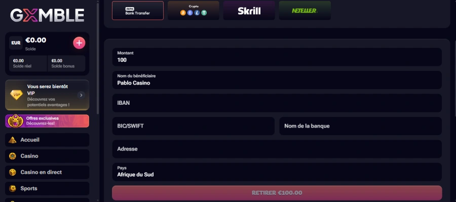 faire un retrait sur gxmble casino étape 2