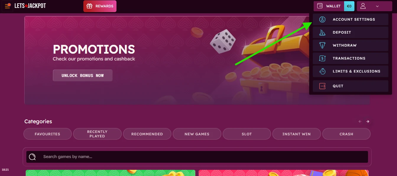 retrait sur lets jackpot étape 1