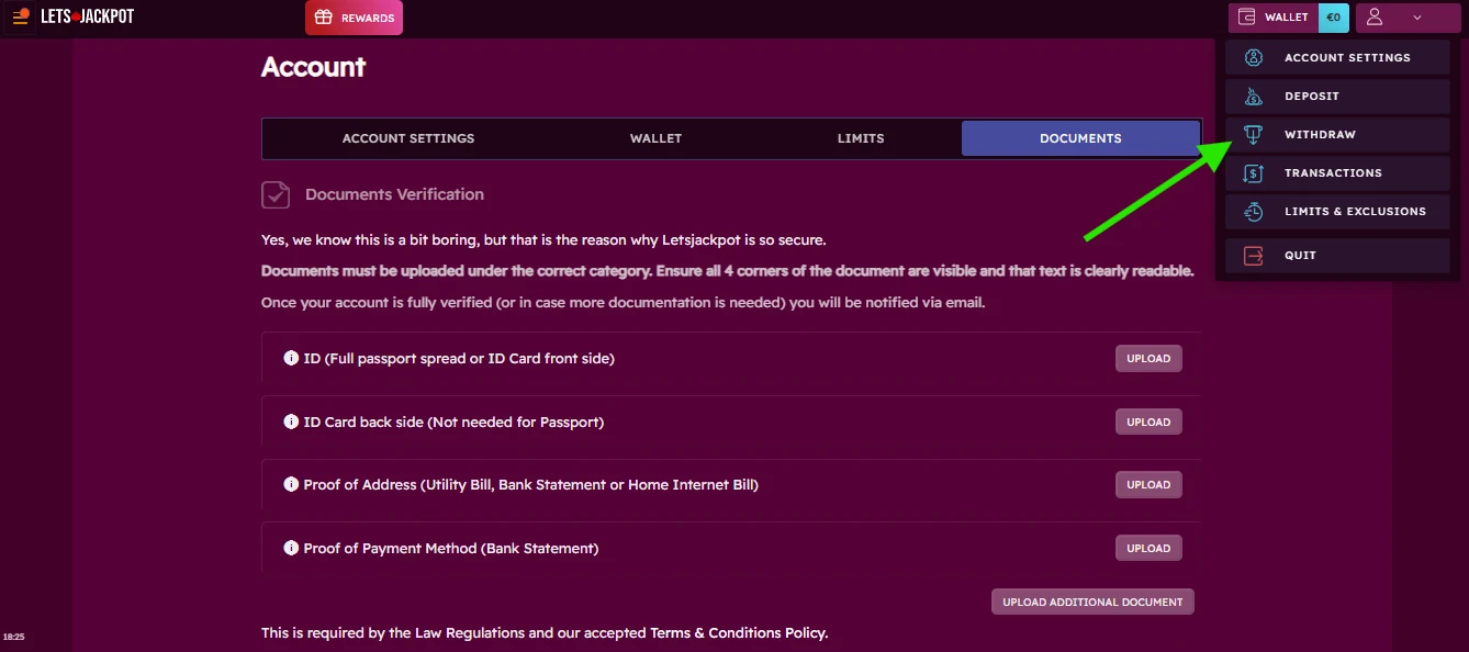 retrait sur lets jackpot étape 3