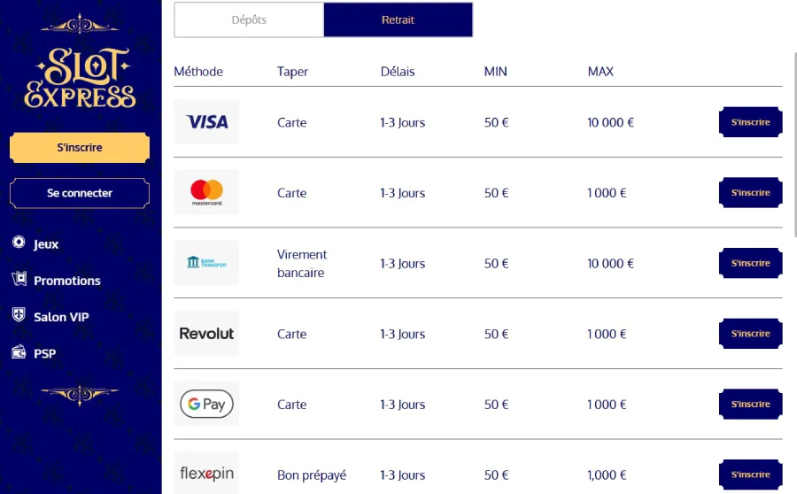 Capture d'écran de la page des retraits sur SlotExpress