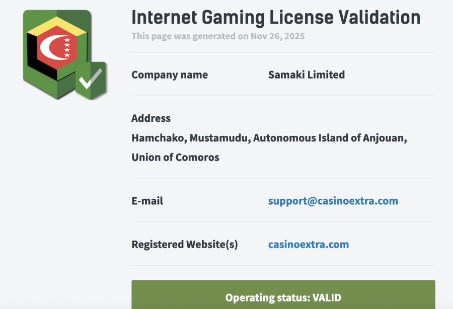 capture d'écran licence Casino Extra
