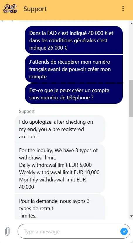 Capture d'écran du service client sur SlotExpress