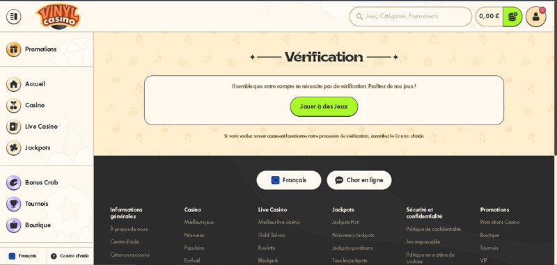 vérification vinyl casino