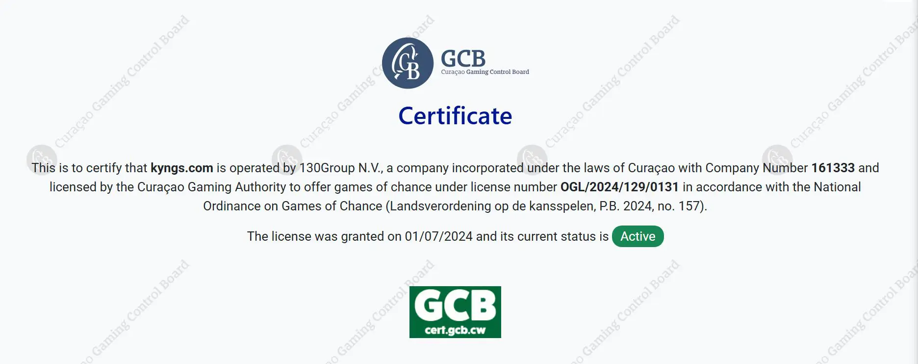 Licence Kyngs Casino