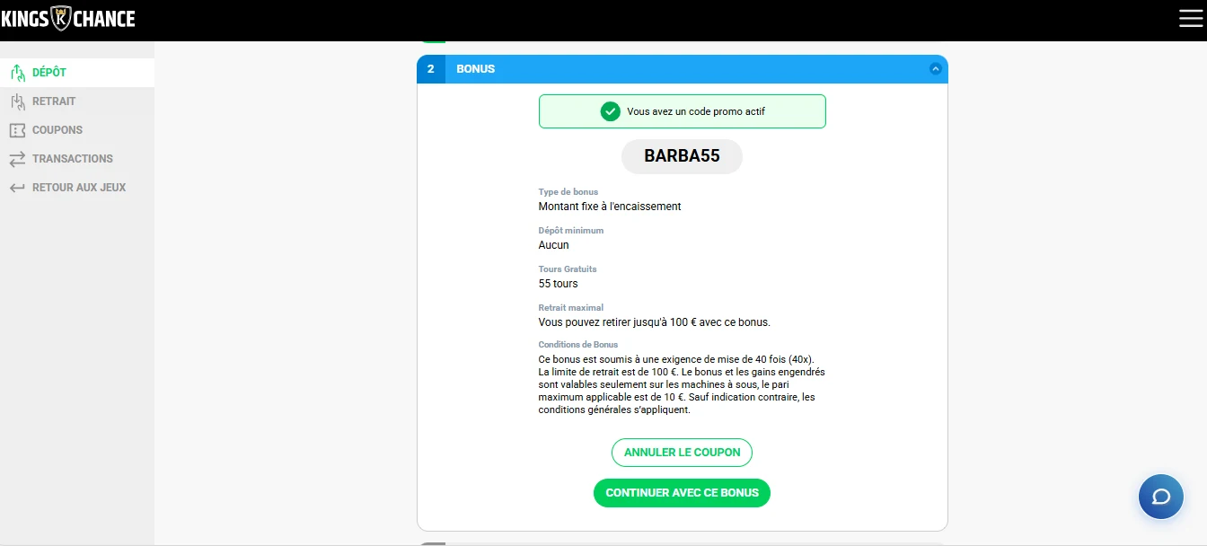 dépôt kings chance étape 3