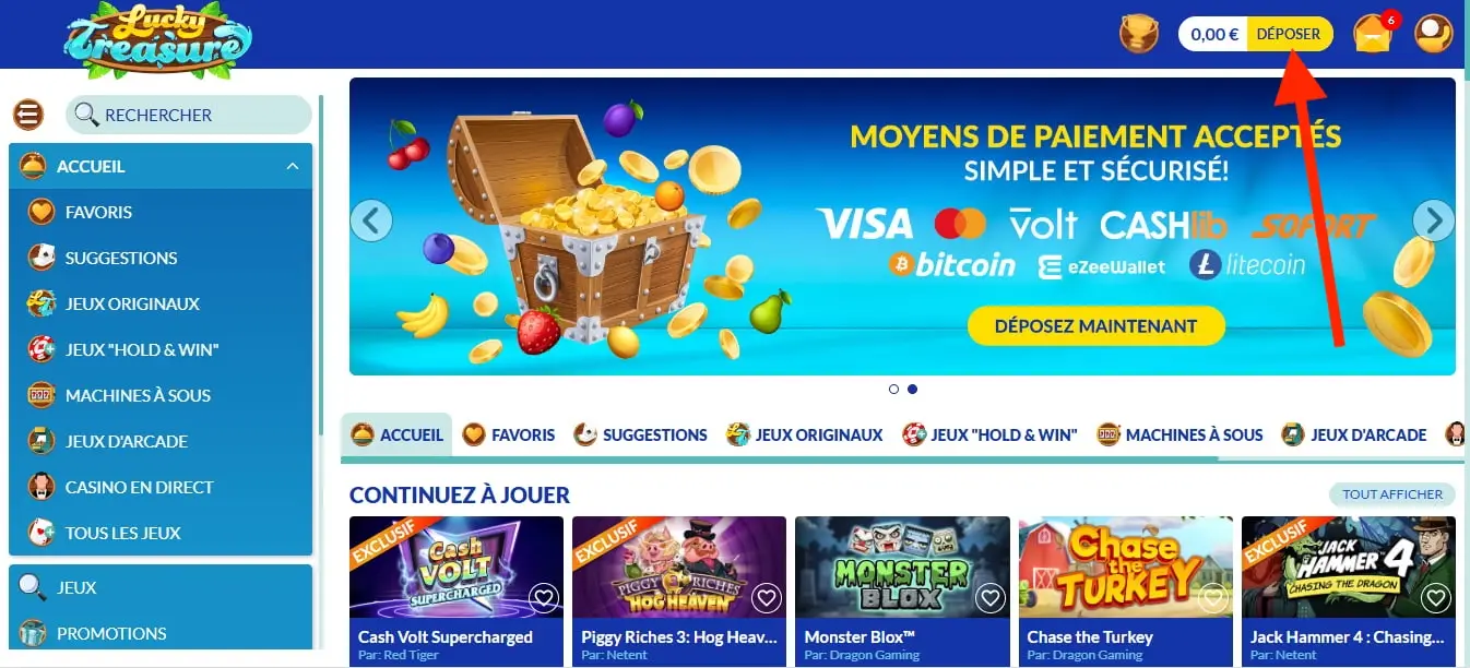 dépôt lucky treasure étape 1