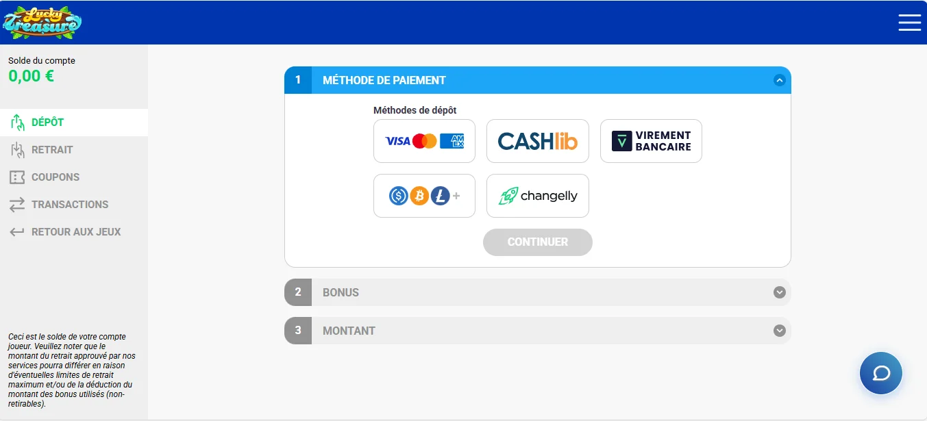 dépôt lucky treasure étape 2