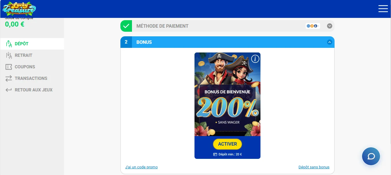 dépôt lucky treasure étape 3