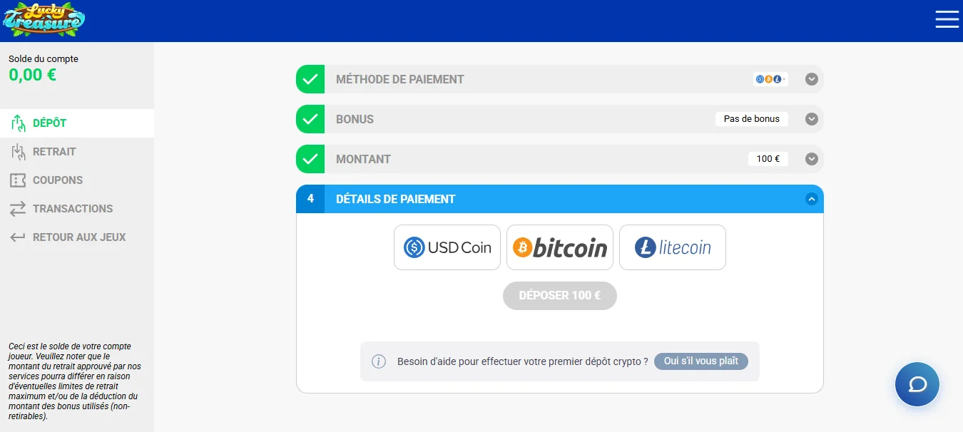 dépôt lucky treasure étape 4