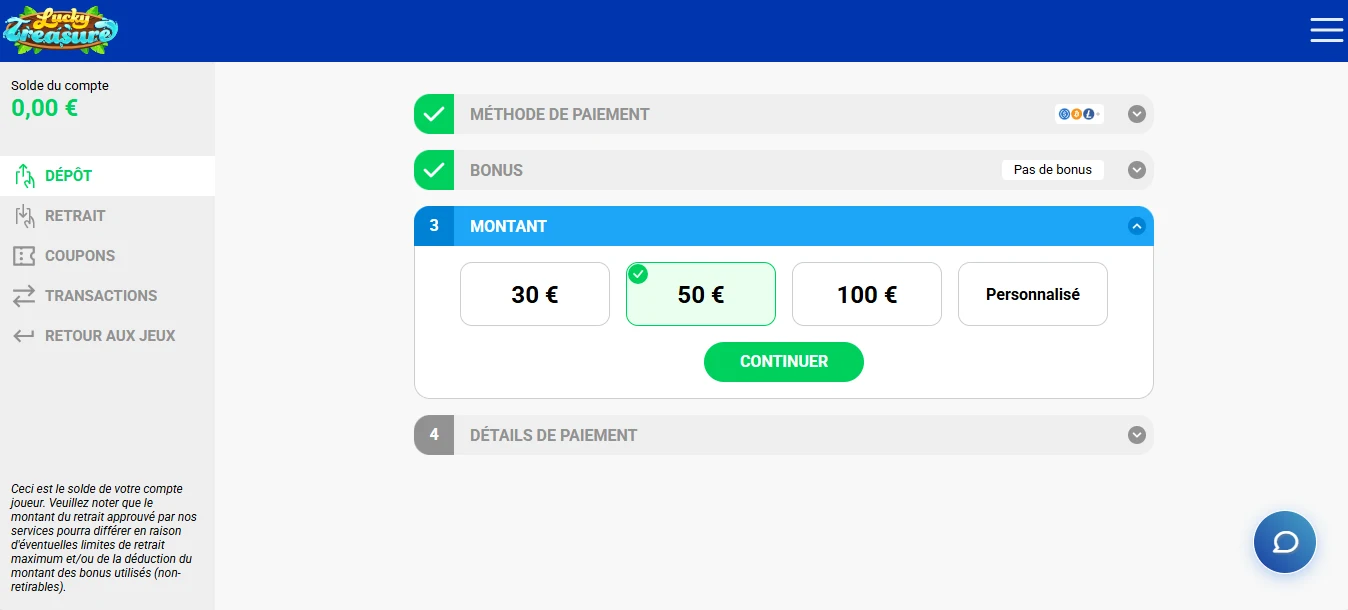 dépôt lucky treasure étape 5