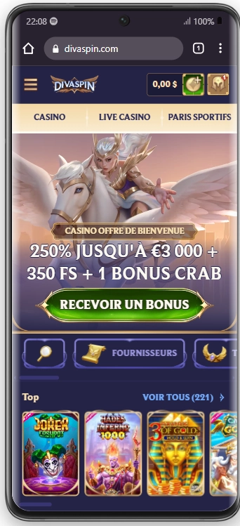 Capture d'écran mobile sur DivaSpin Casino