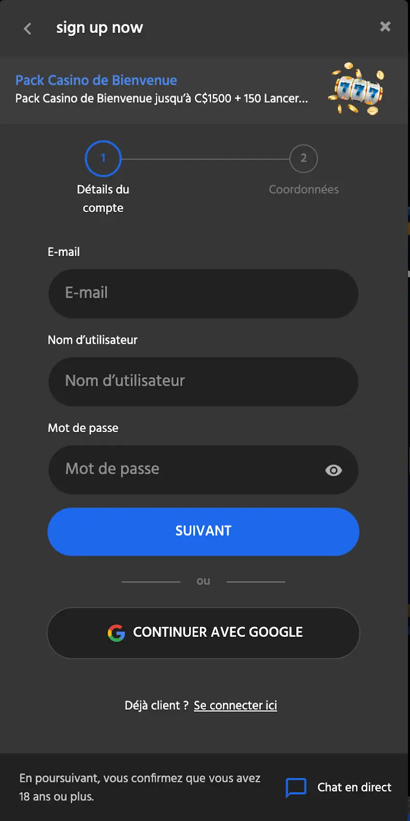 Etape 3 inscription Slotimo