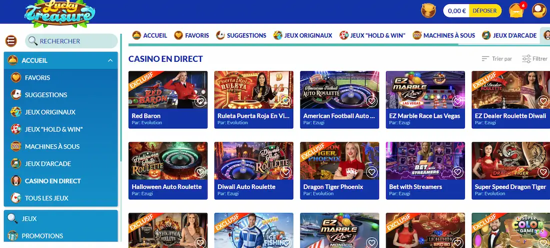 jeux en direct lucky treasure