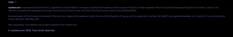 La licence affichée dans le footer de la page d'accueil sur Nyxbets Casino