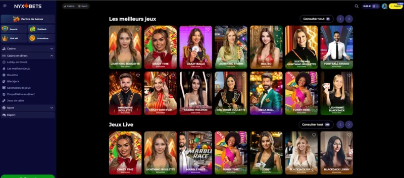 Les jeux des casino en direct sur Nyxbets