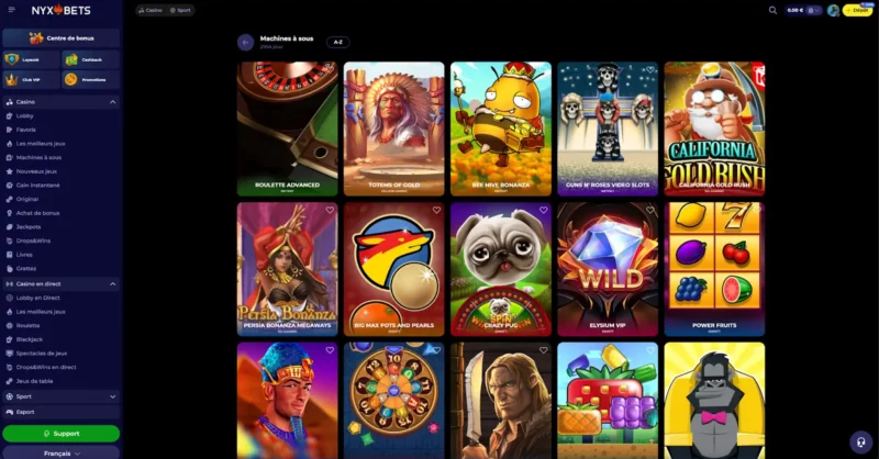 La page des machines à sous sur Nyxbets Casino