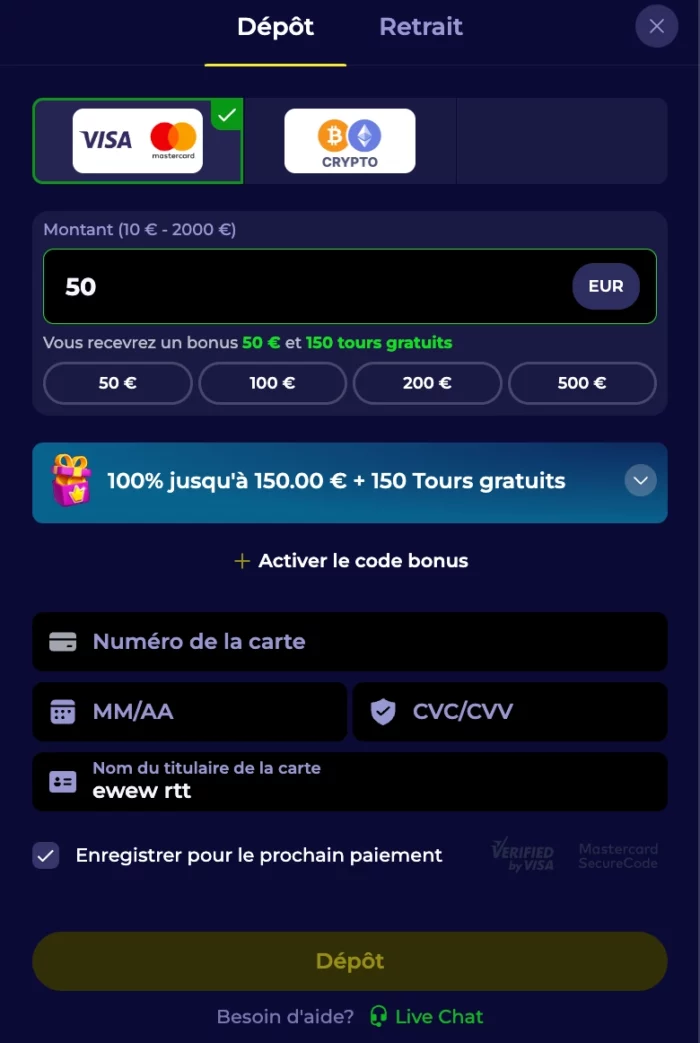 Le menu des dépôts sur Nyxbets Casino
