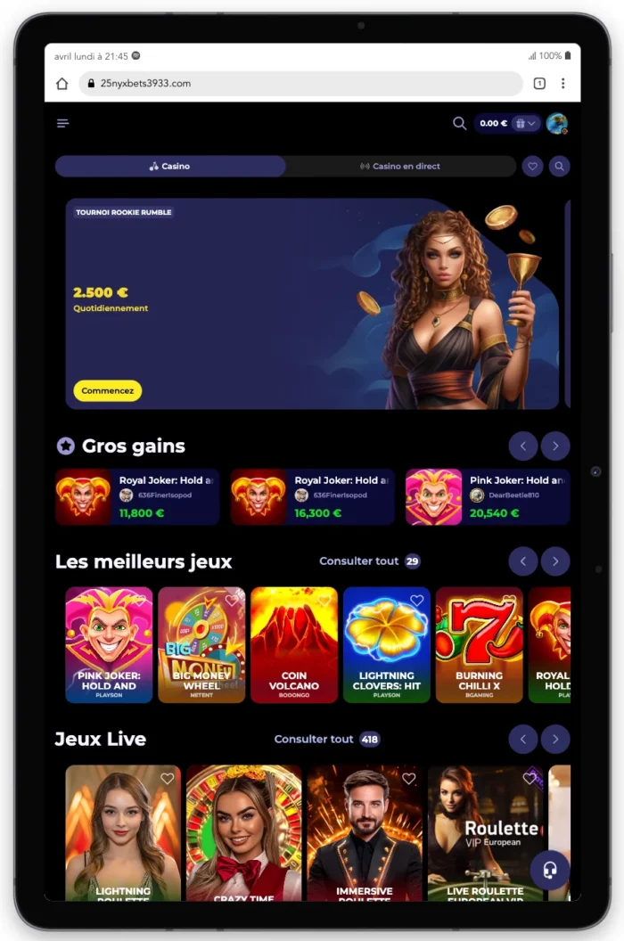 L'interface de Nyxbets Casino sur Galaxy Tabs 7