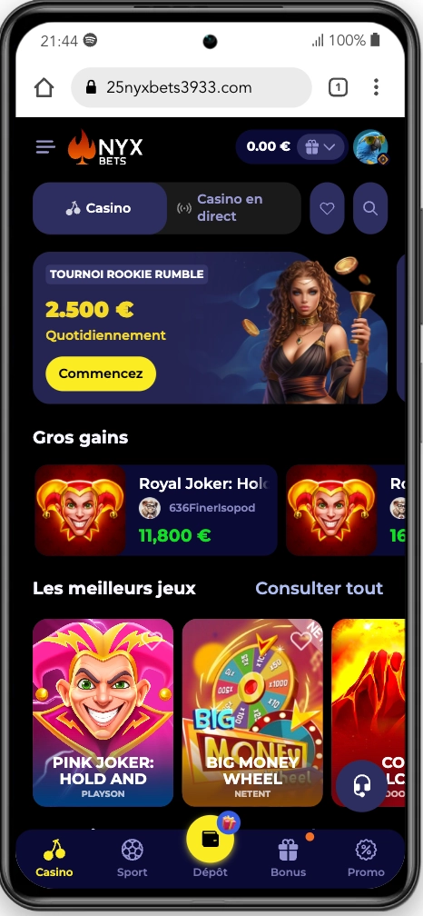 L'interface de Nyxbets Casino sur mobile Xiaomi 11