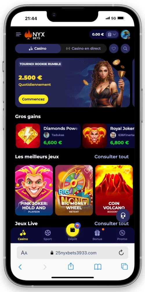 L'interface de Nyxbets Casino sur iPhone 13