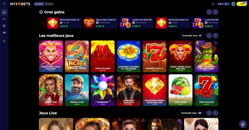La pages des jeux de Nyxbets Casino