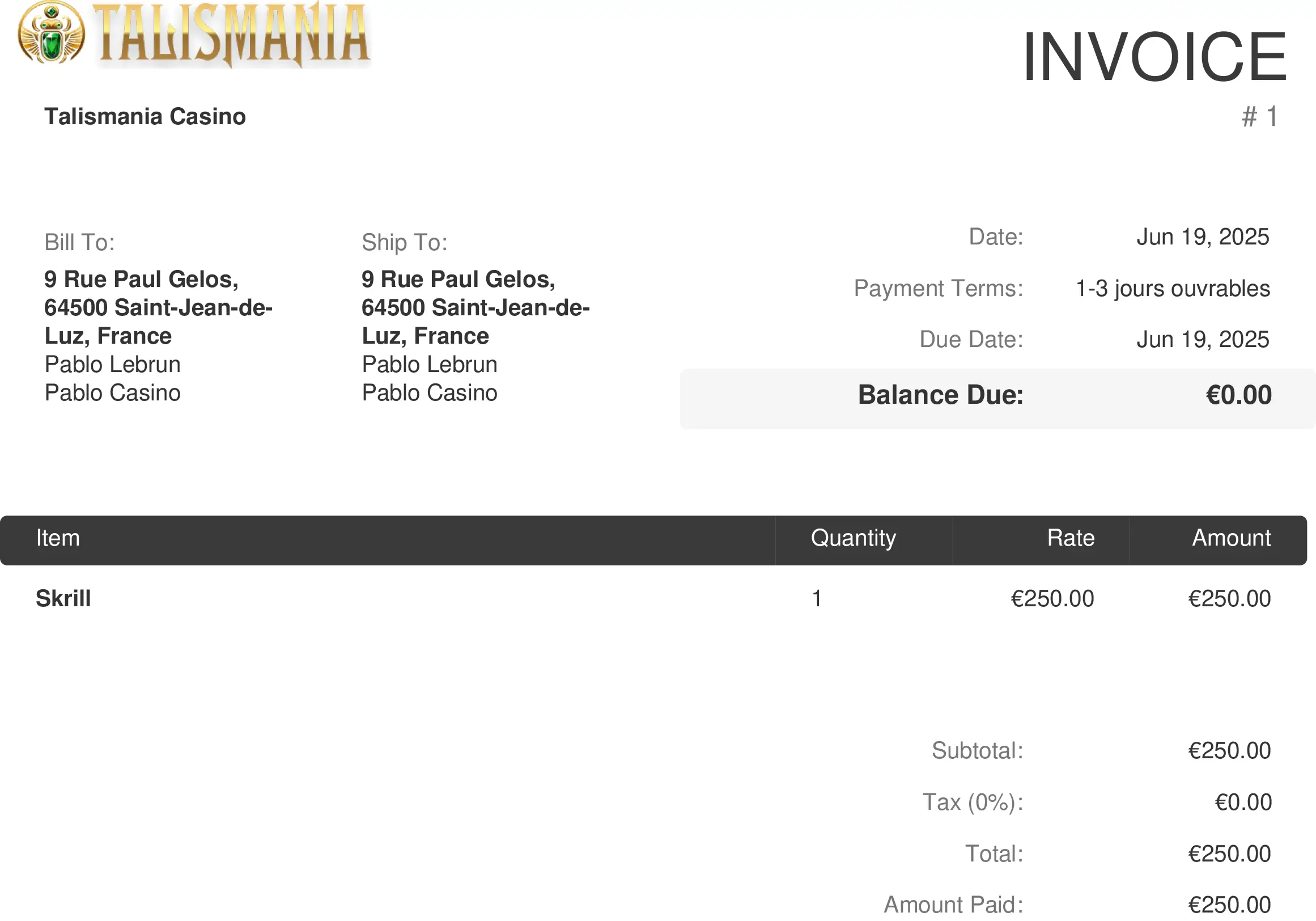 paiement confirmé talismania