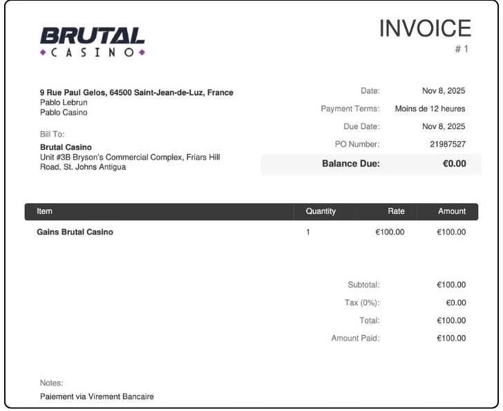 preuve de paiement brutal casino