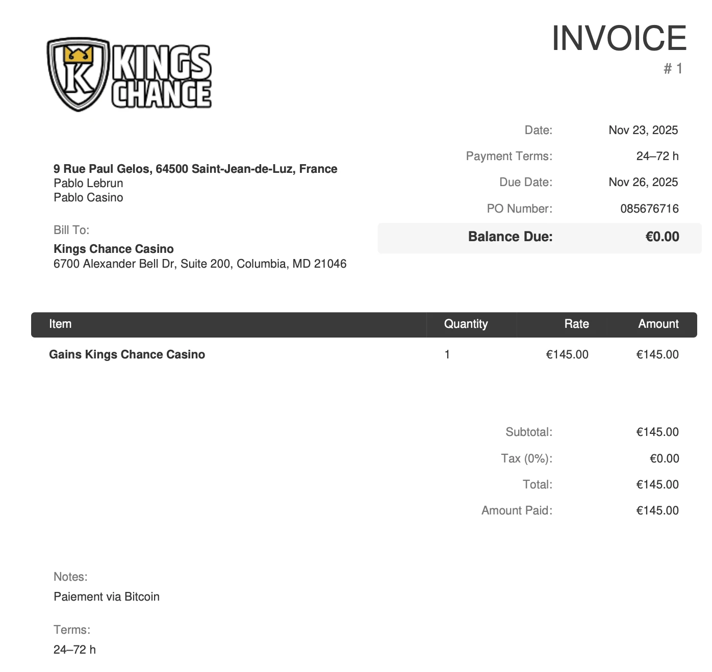 preuve de paiement kings chance