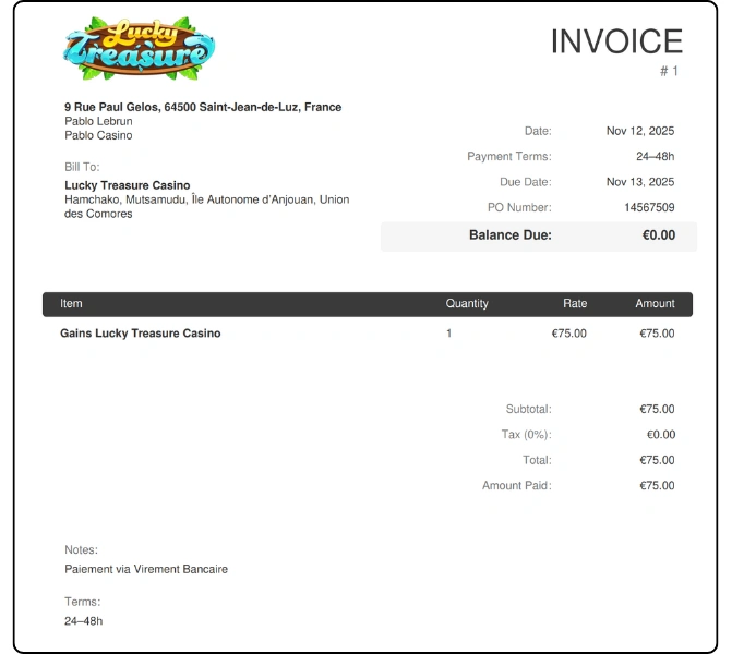 preuve de paiement lucky treasure